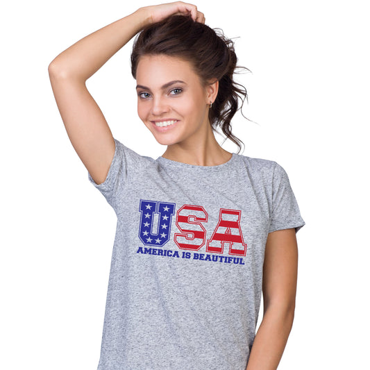 USA Message Tee 1.0  by America The Beautiful, Red and Blue on Grey Womens