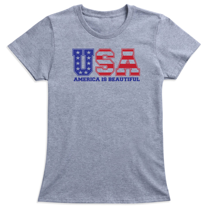USA Message Tee 1.0  by America The Beautiful, Red and Blue on Grey Womens