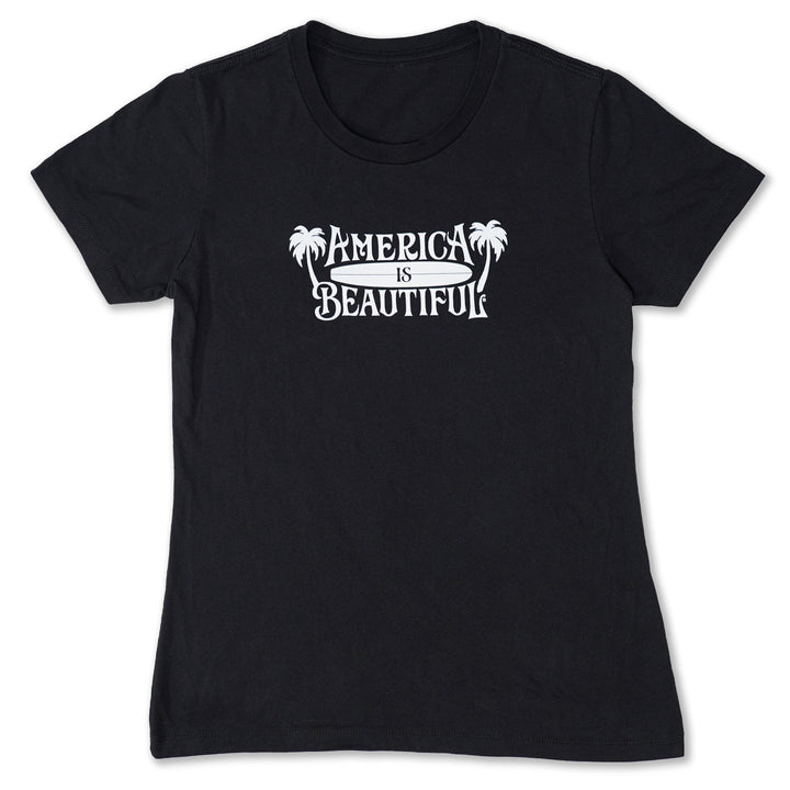 Tropical Surfboard and Palms America Is Beautiful® Womens Short Sleeve Graphic Tee