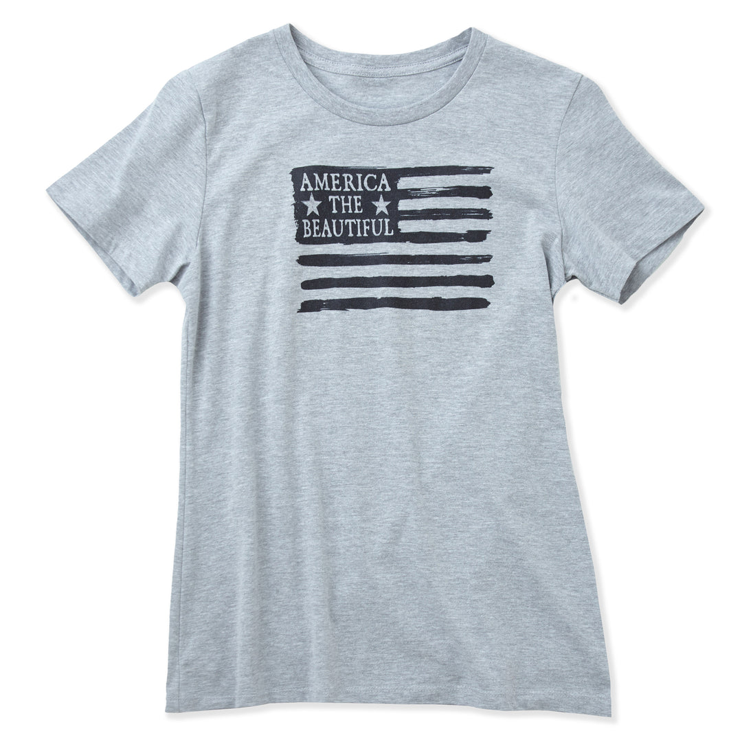 American Flag Weathered Grunge Style on Grey America The Beautiful® Womens Short Sleeve Graphic Tee