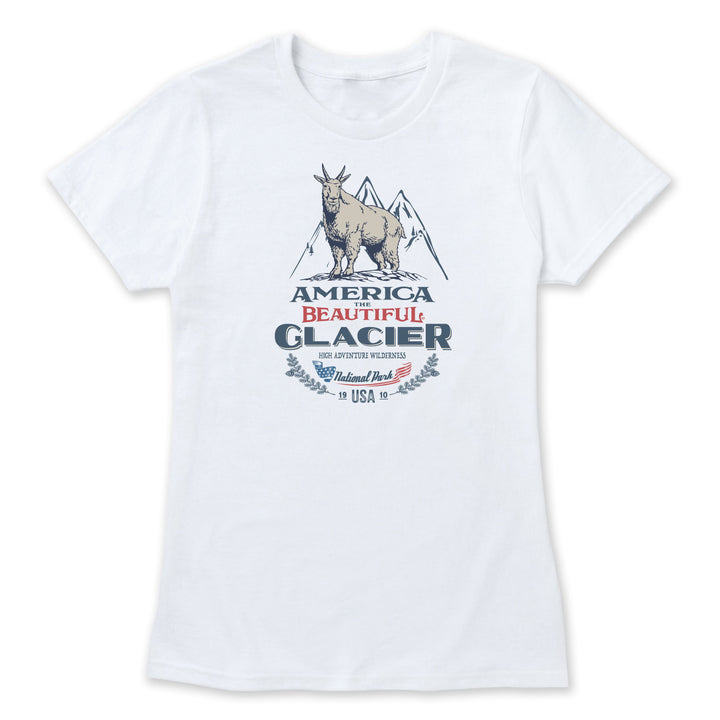 White t-shirt with graphic design of a mountain goat and Glacier park text