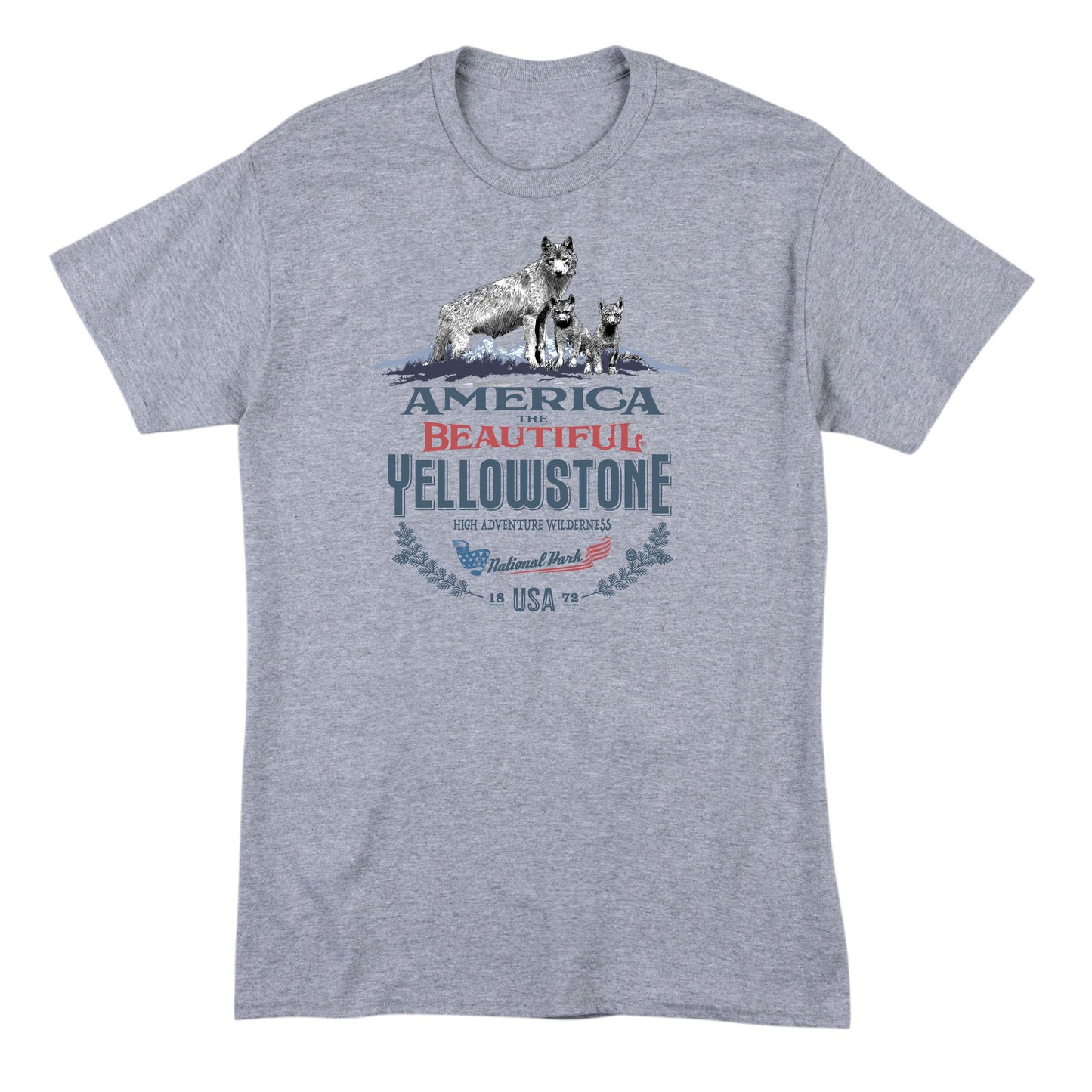 America The Beautiful® Yellowstone National Park Vigilant She Wolf and Pups Mens Graphic Tee