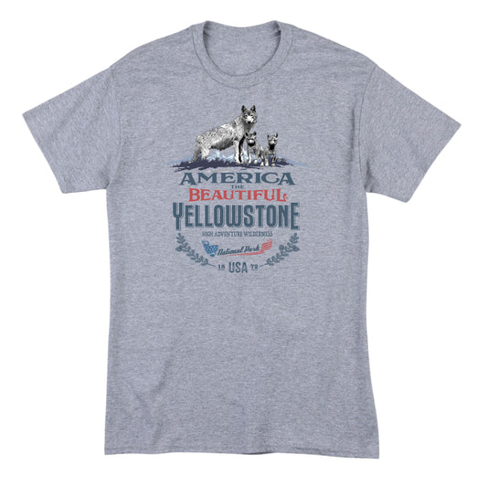 America The Beautiful® Yellowstone National Park Vigilant She Wolf and Pups Mens Graphic Tee