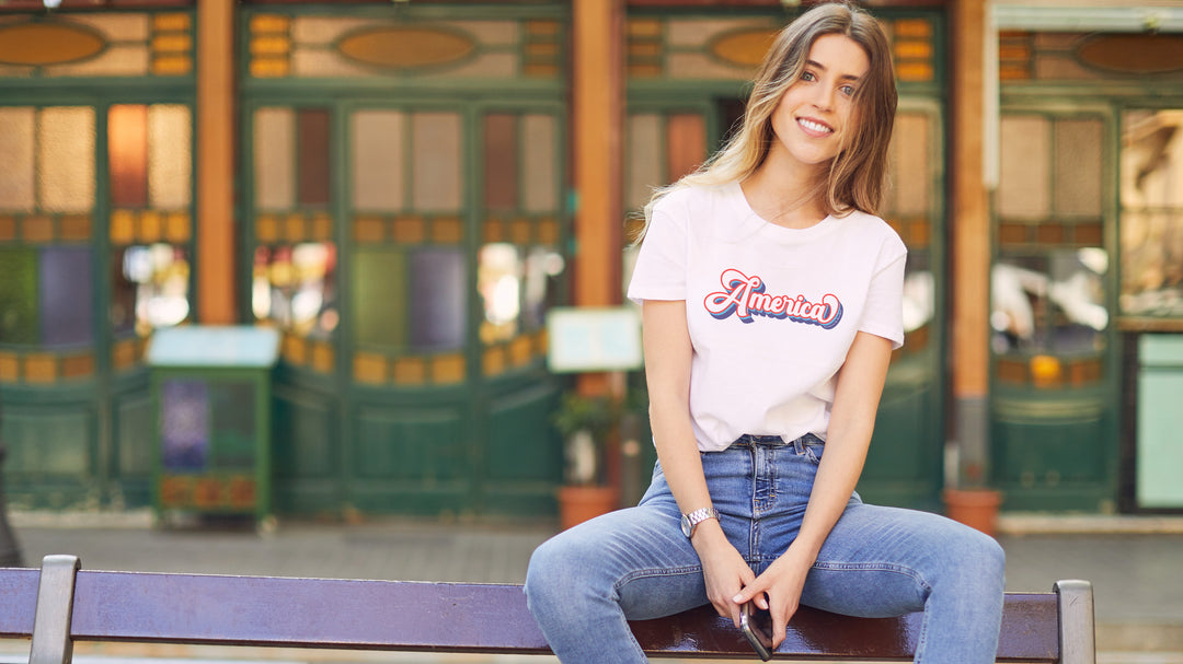 Woman wearing a White t-shirt with &