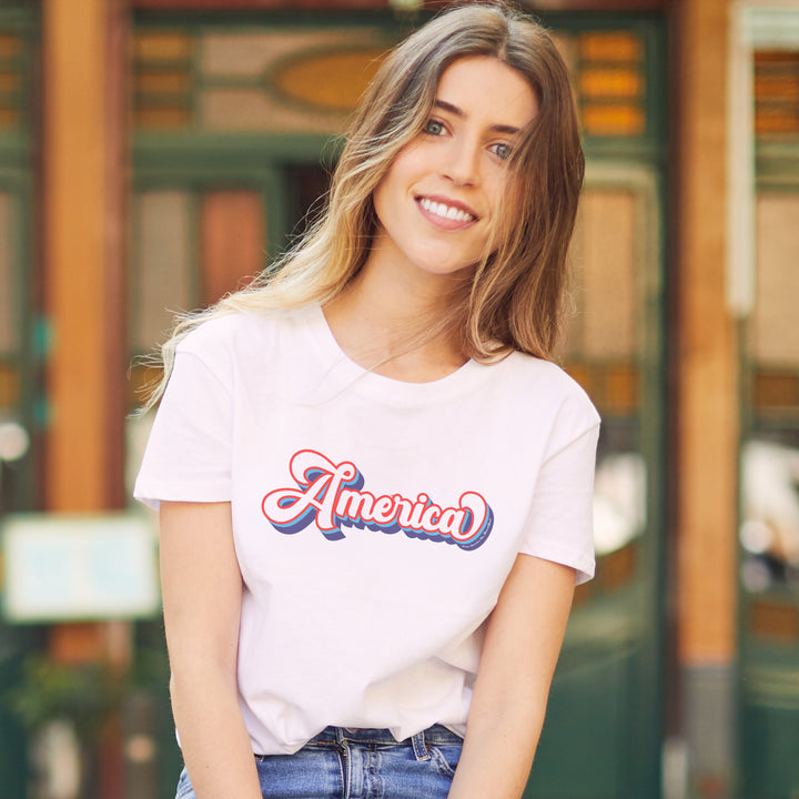 Woman wearing a White t-shirt with &