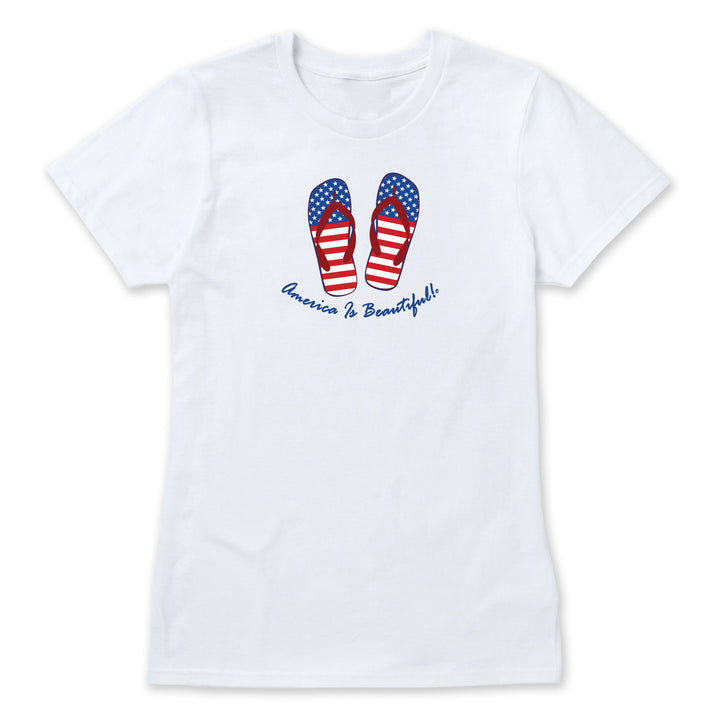 White t-shirt with American flag flip-flops and &