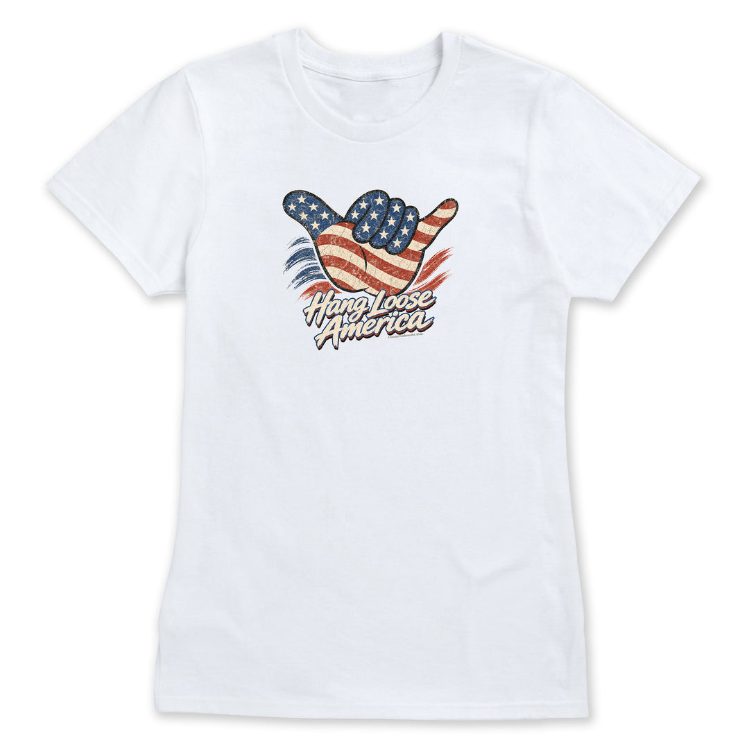 White t-shirt with red, white, and blue hang loose shaka gesture and text saying "Hang Loose America"