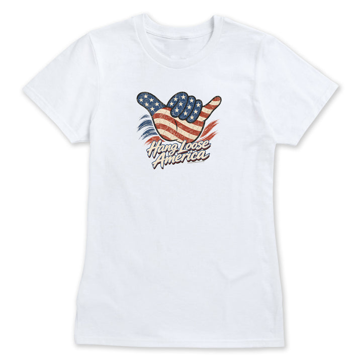 White t-shirt with red, white, and blue hang loose shaka gesture and text saying "Hang Loose America"