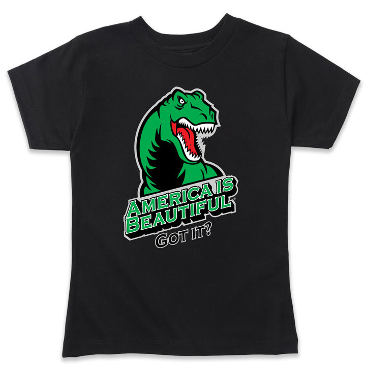 Black t-shirt with a green T-rex dinosaur graphic and America Is Beautiful text