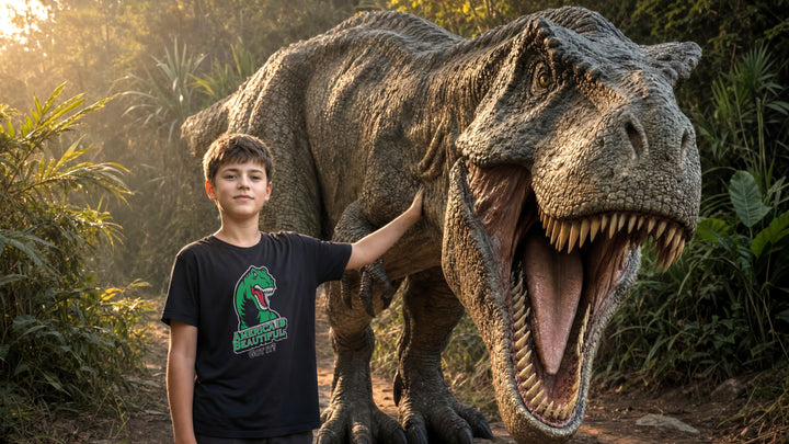 Young boy standing next to a T-rex dinosaur wearing a Black t-shirt with a green T-rex dinosaur graphic and America Is Beautiful text