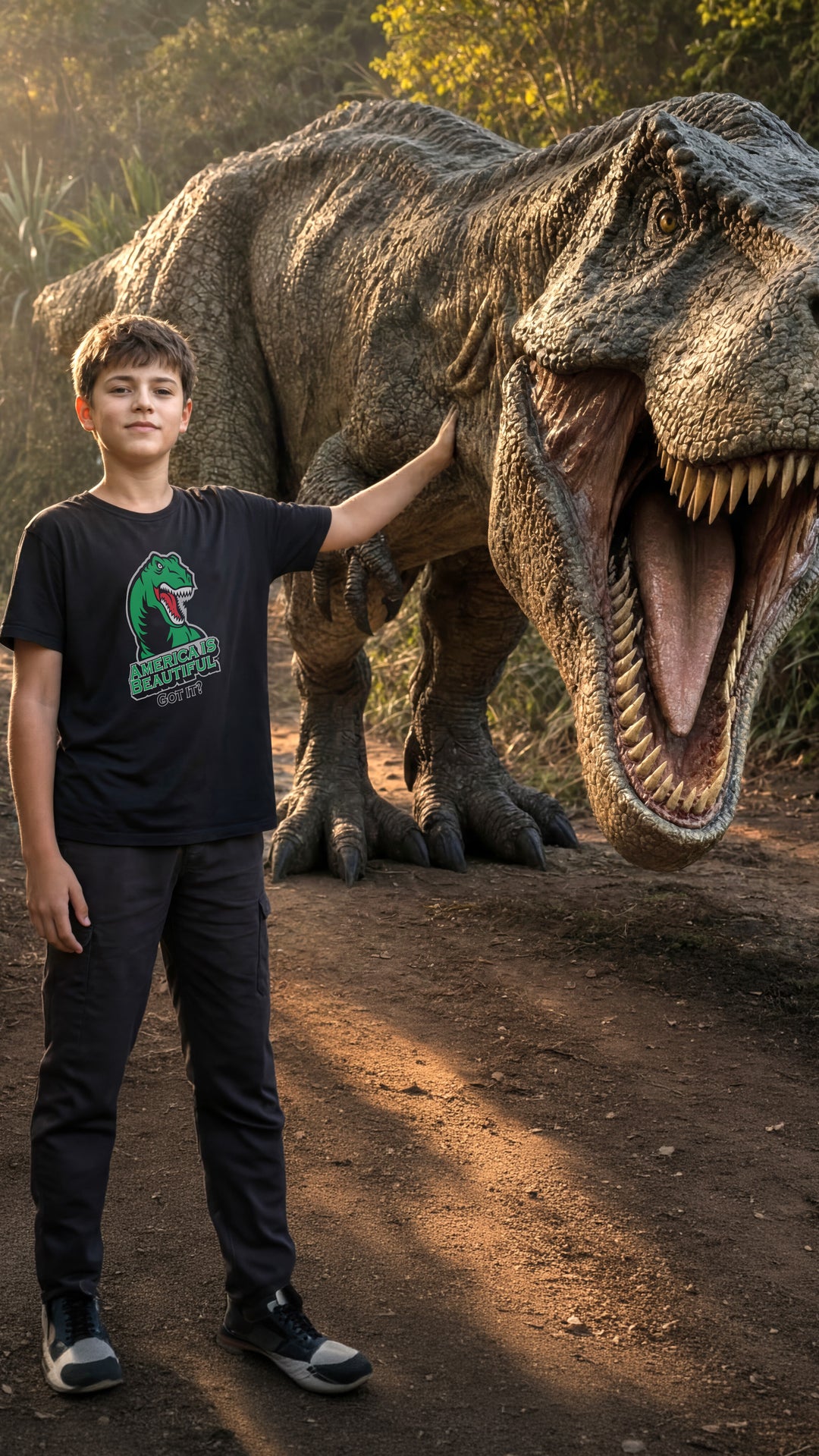 Young boy standing next to a T-rex dinosaur wearing a Black t-shirt with a green T-rex dinosaur graphic and America Is Beautiful text