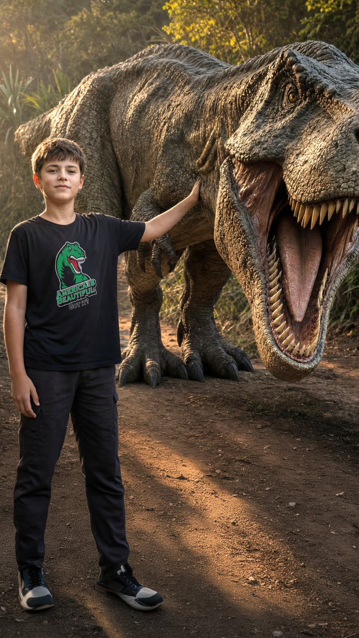 Young boy standing next to a T-rex dinosaur wearing a Black t-shirt with a green T-rex dinosaur graphic and America Is Beautiful text