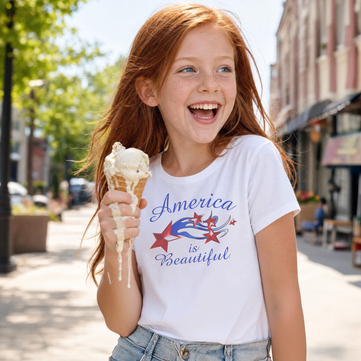 Girl eating ice cream and wearing a White t-shirt with &