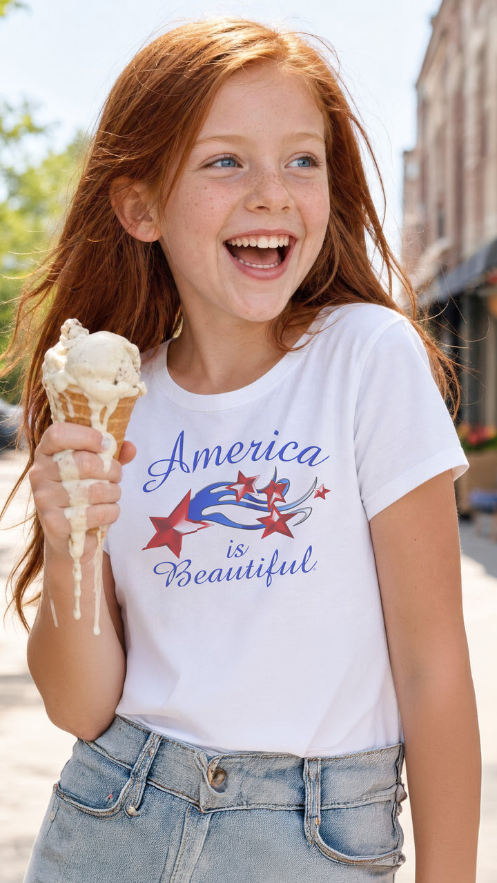 Girl eating ice cream and wearing a White t-shirt with &
