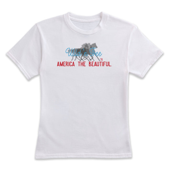 White t-shirt with wild horses graphic design and America the beautiful text on a white background