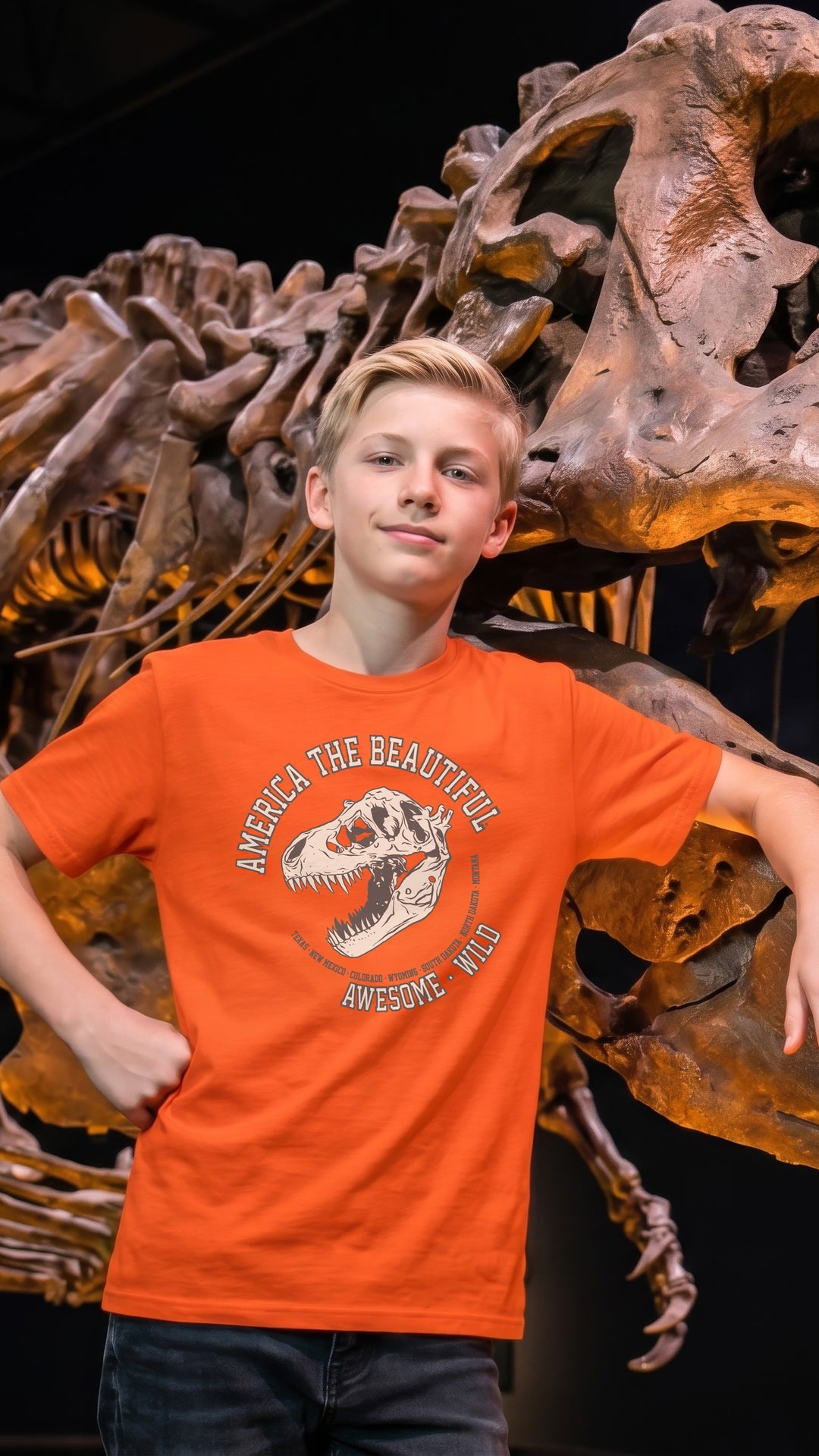 Boy wearing an orange t-shirt with a T-Rex dinosaur graphic in front of a dinosaur skeleton display