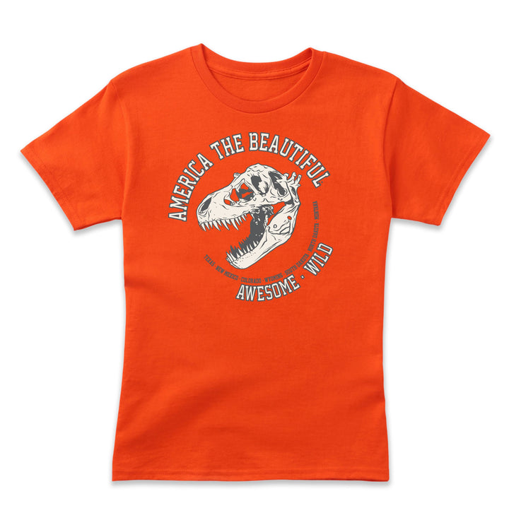 Orange t-shirt with T-rex dinosaur graphic and text on a white background
