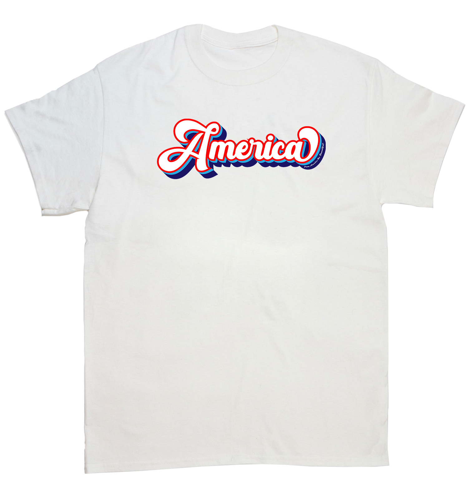 T-shirt with "America" in bold 70s script, white fill, red stroke, over two rows of repeating bands: sky blue and flag blue