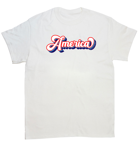 T-shirt with "America" in bold 70s script, white fill, red stroke, over two rows of repeating bands: sky blue and flag blue