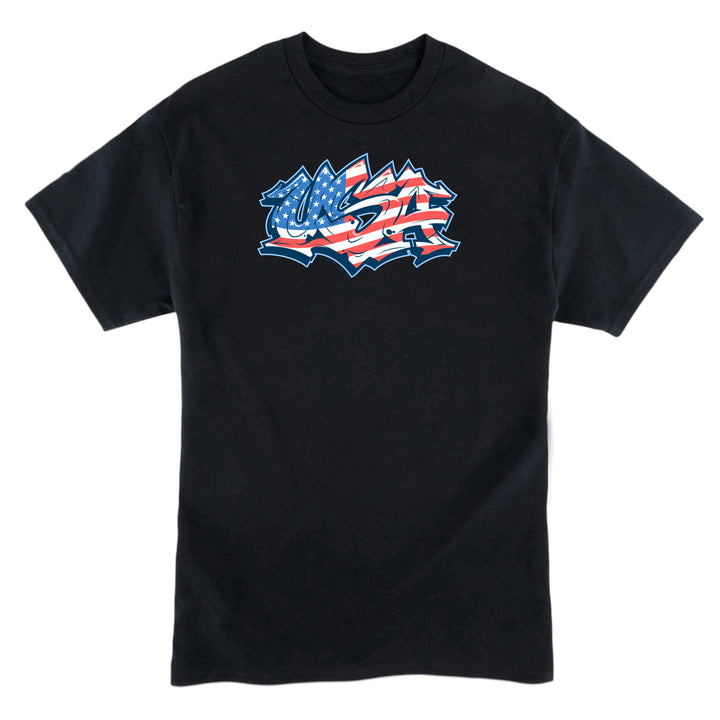 Black t-shirt with a colorful graphic design on a white background