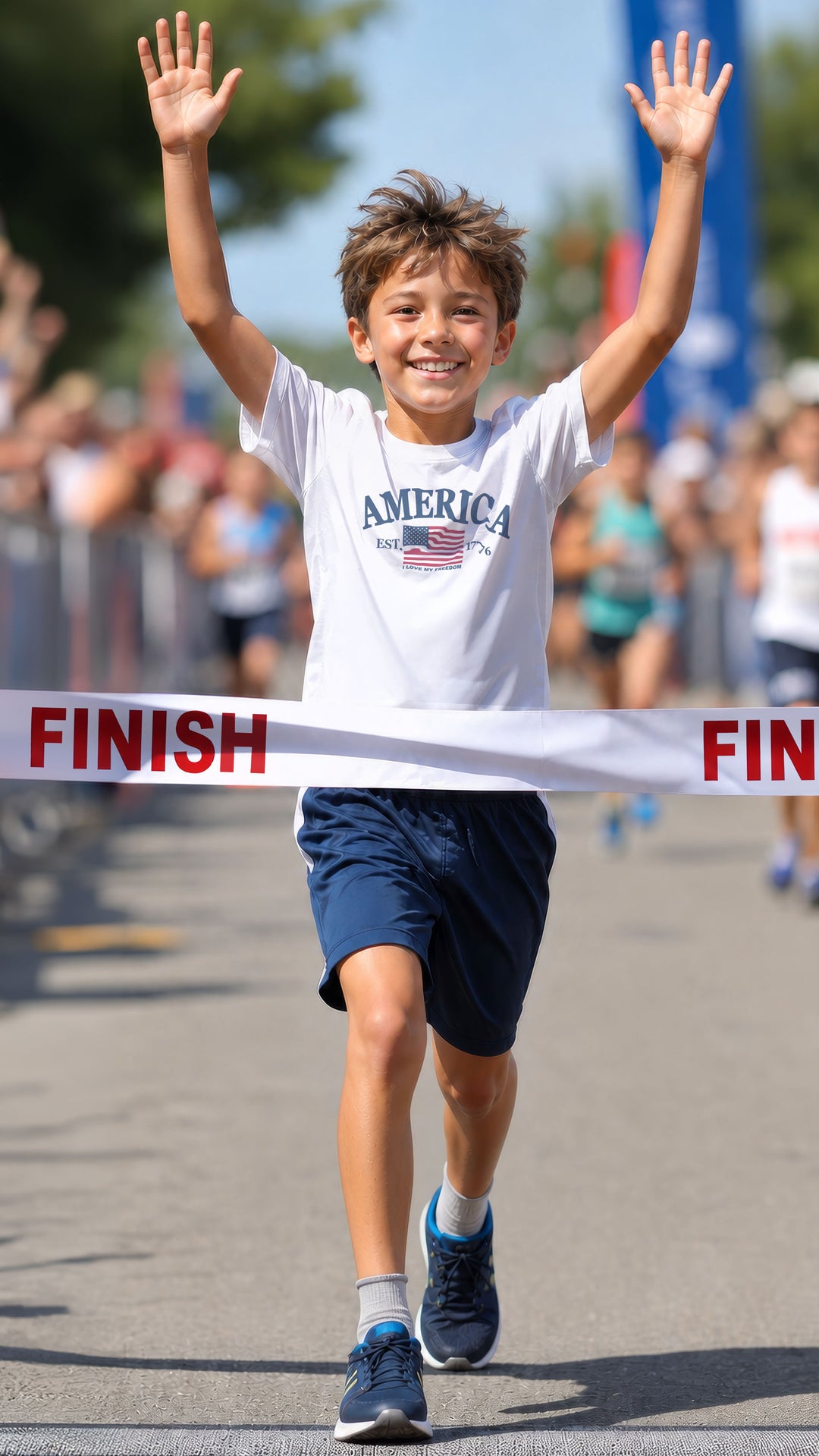 Running young boy wearing a white t-shirt with &
