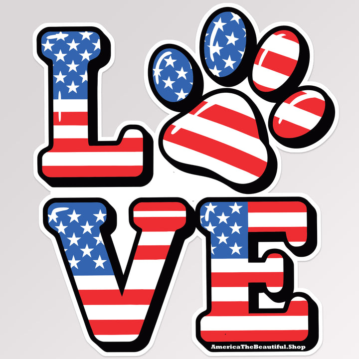 Love Word Square With Dog Paw and American Flag Filled Sticker