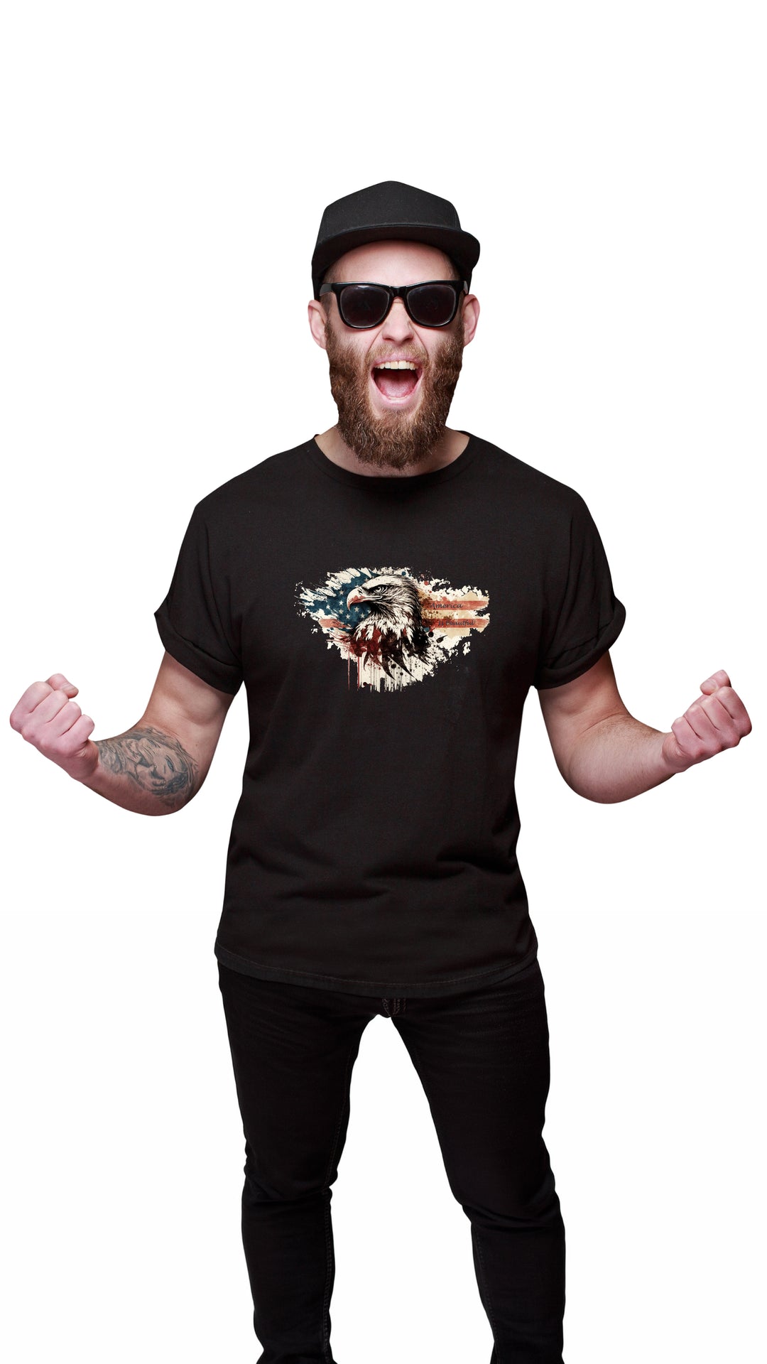 Man wearing a black t-shirt with a graphic design on a white background