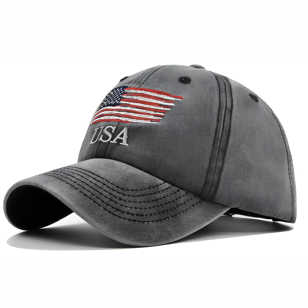 Gray cap with USA flag design on a white background