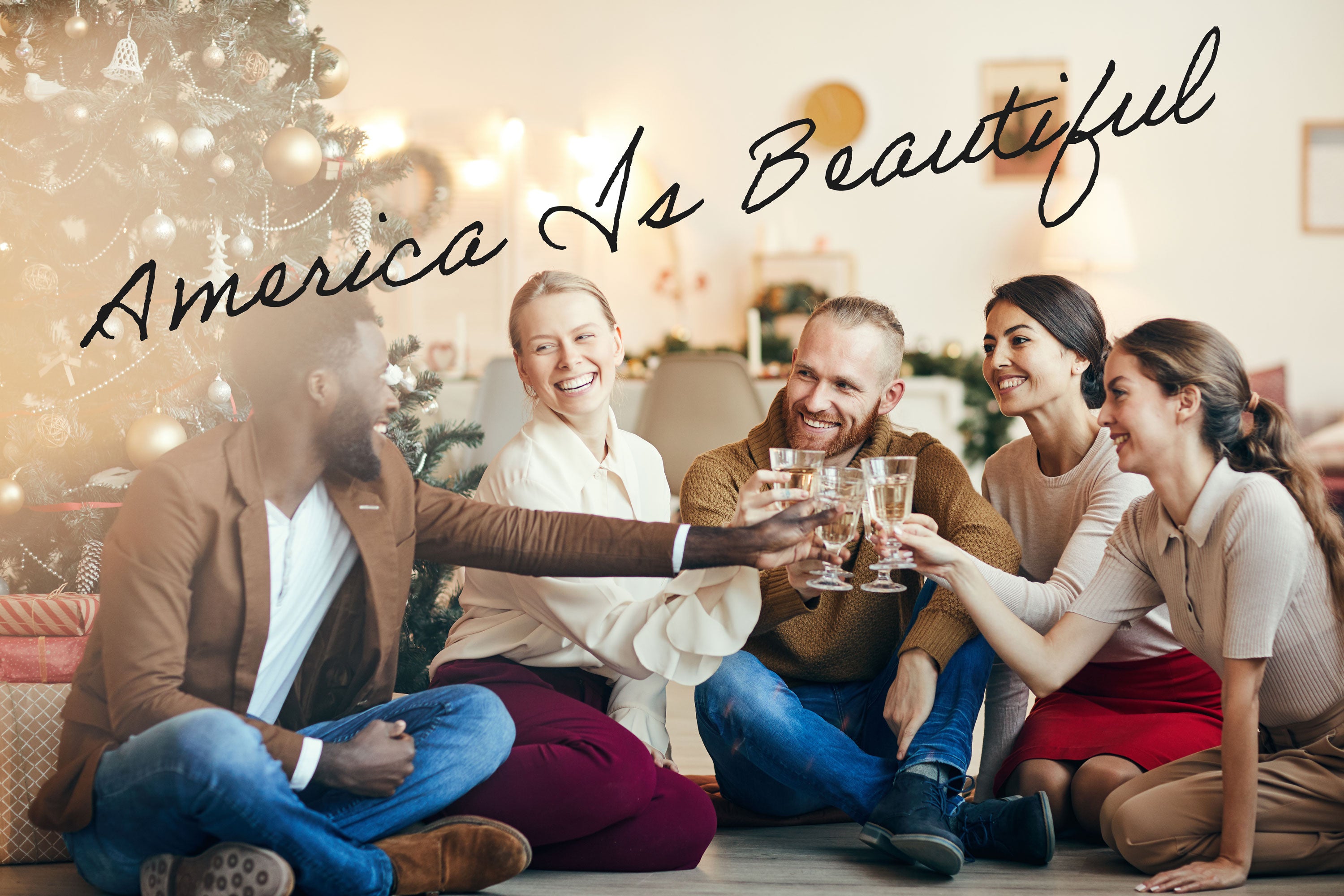 Family nearby Christmas tree drinking and celebrating