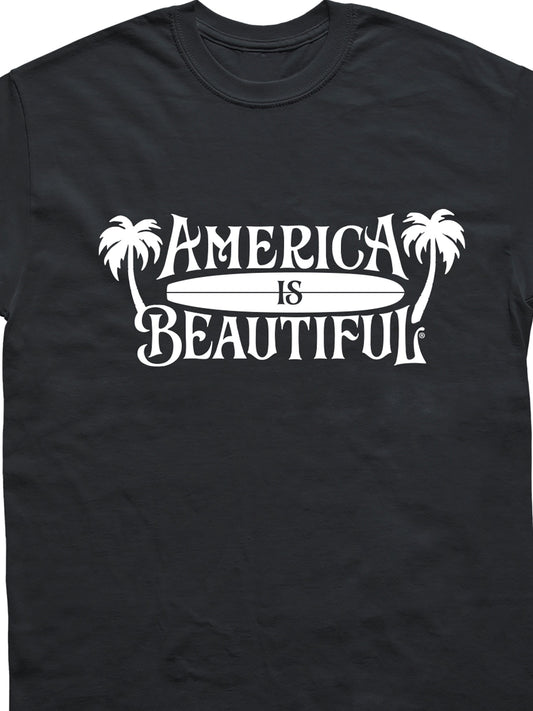 America Is Beautiful Surfboard And Palm Trees Adult Unisex Graphic T-Shirt - white on black