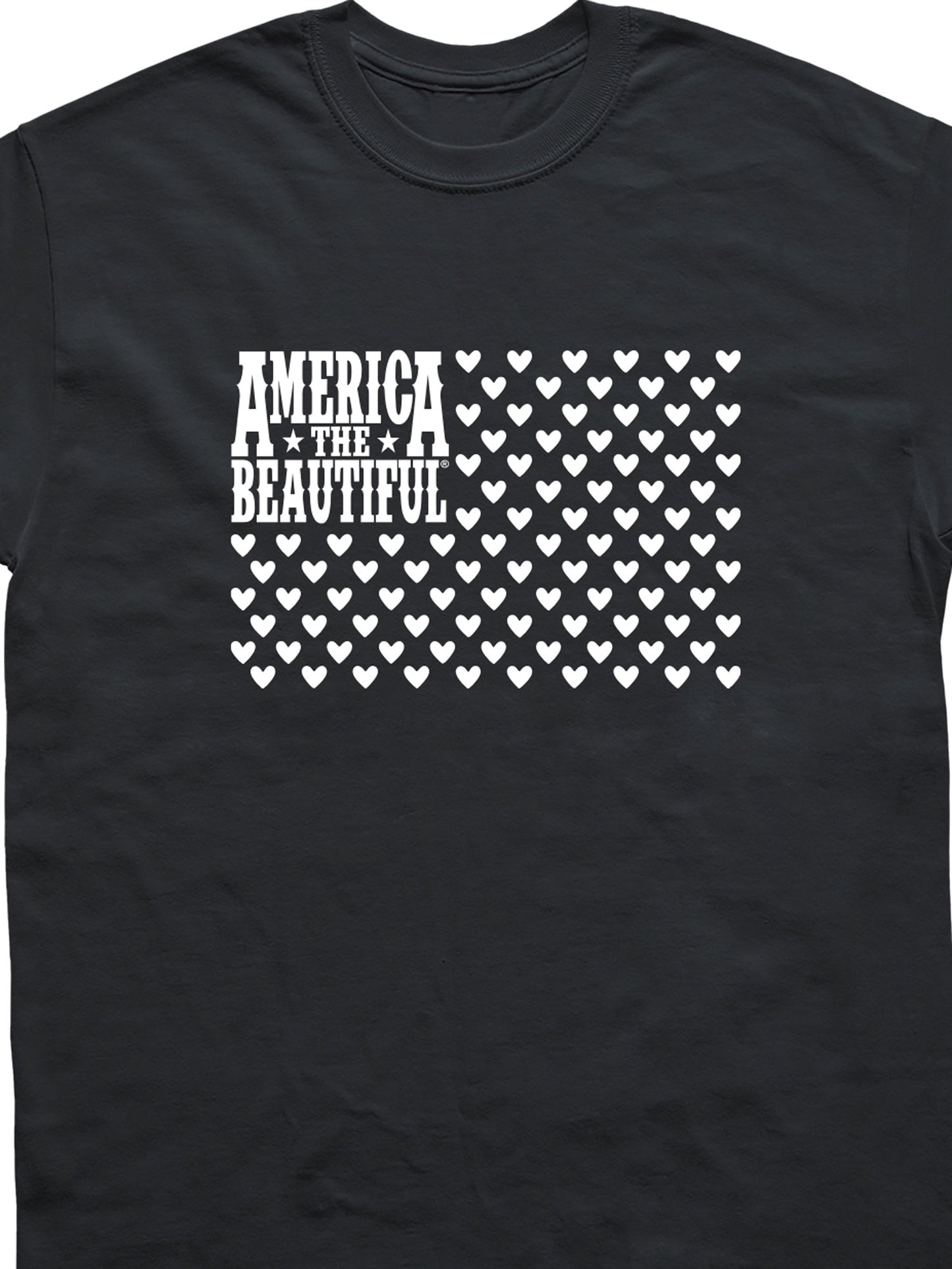 Black t-shirt with American flag formed of white hearts and “America The Beautiful” with two stars in the field.