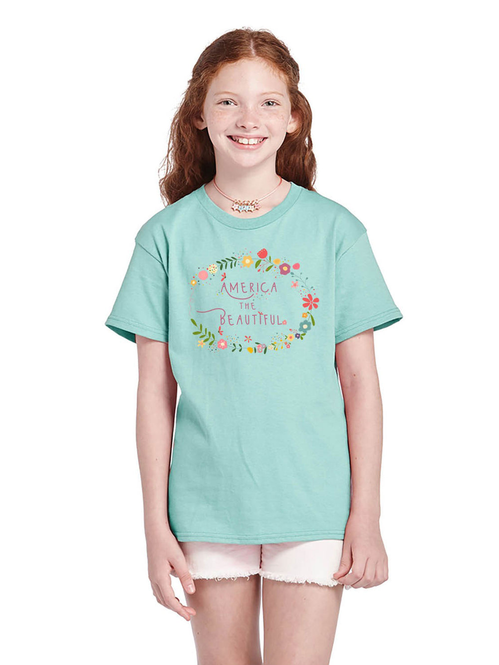 America The Beautiful Youth Girls Spring Flower Crown Cotton T-Shirt in Haledon
