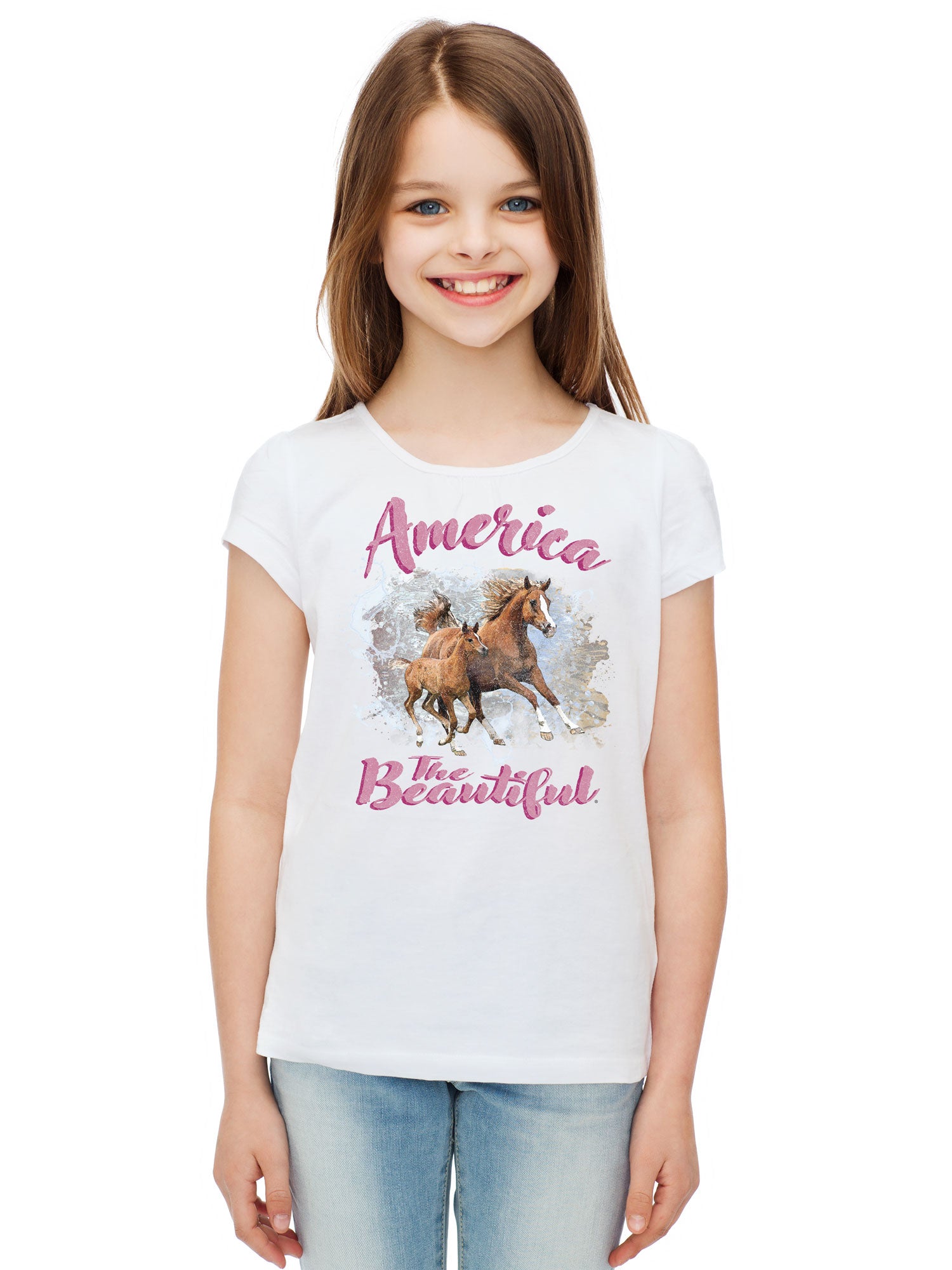 America The Beautiful Horse and Pony Youth Girls Short Sleeve White Graphic T-Shirt
