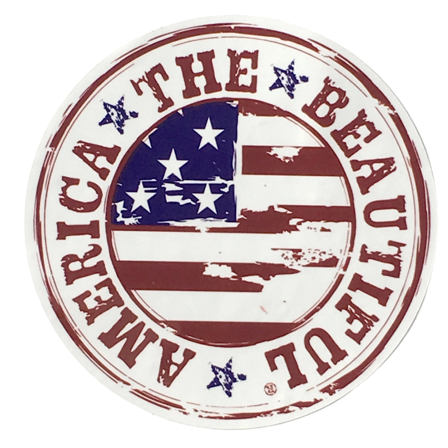 A round bumper sticker showing a weathered American Flag art with the words “AMERICA THE BEAUTIFUL” running around its perimeter with the words separated by three blue stars for a cool red white and blue look.