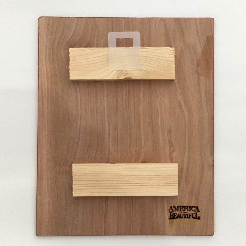 Back of Weathered cowboy boot illustration on a wood décor plaque in earth tone shades of the blue and red of our American flag.