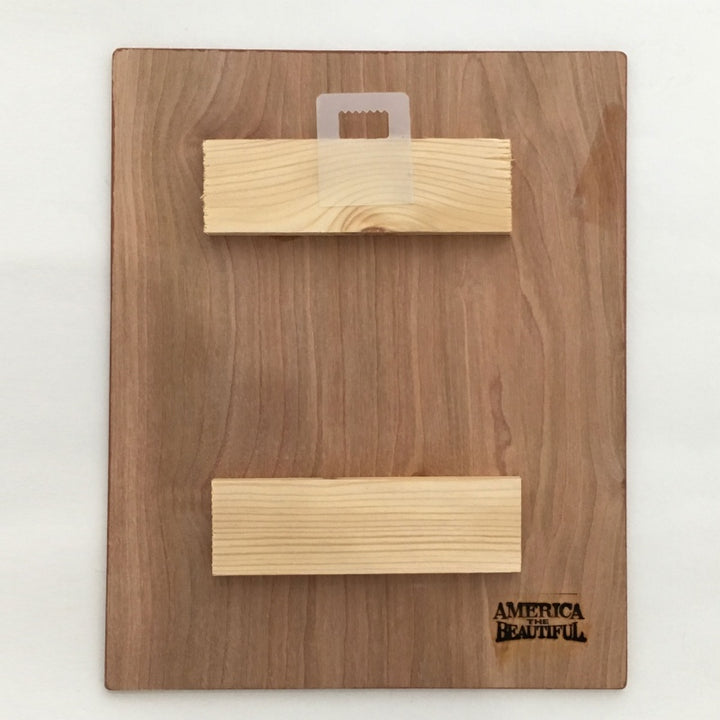 Back of Weathered cowboy boot illustration on a wood décor plaque in earth tone shades of the blue and red of our American flag.