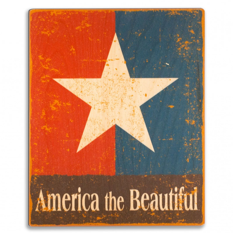 Wood wall sign with illustrated image of a barn star on weathered red white and blue, and earth tone brown background.