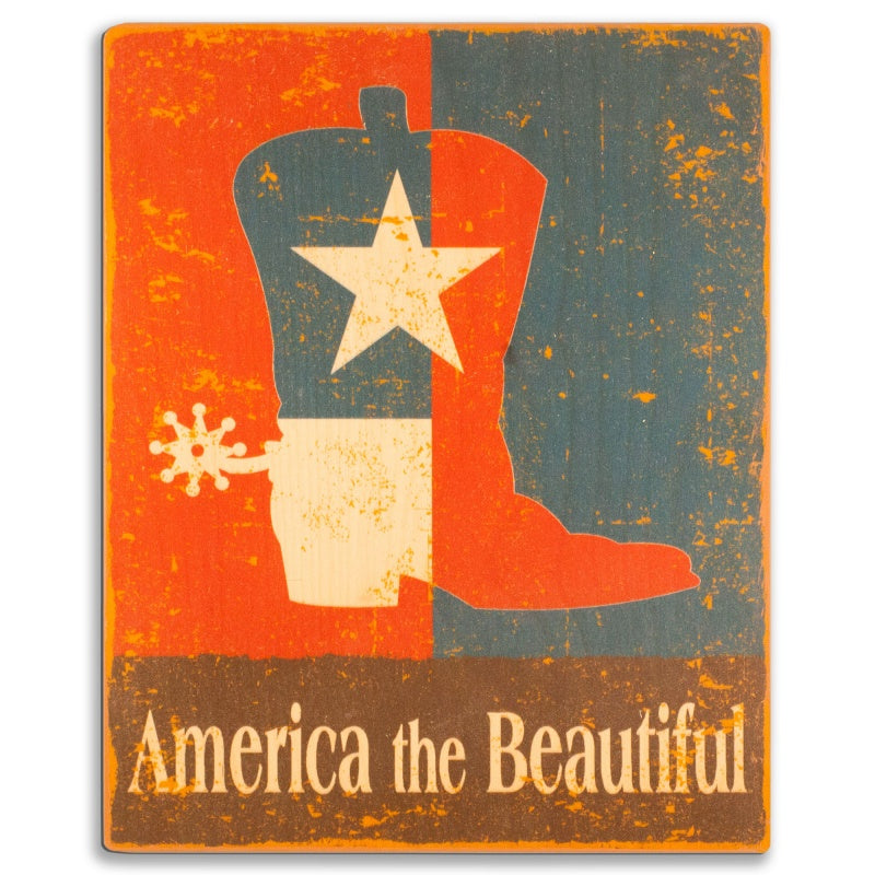 Weathered cowboy boot illustration on a wood décor plaque in earth tone shades of the blue and red of our American flag.