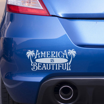 America Is Beautiful™ Surfboard and Palm Trees Beach Die Cut White Vinyl Sticker Decal