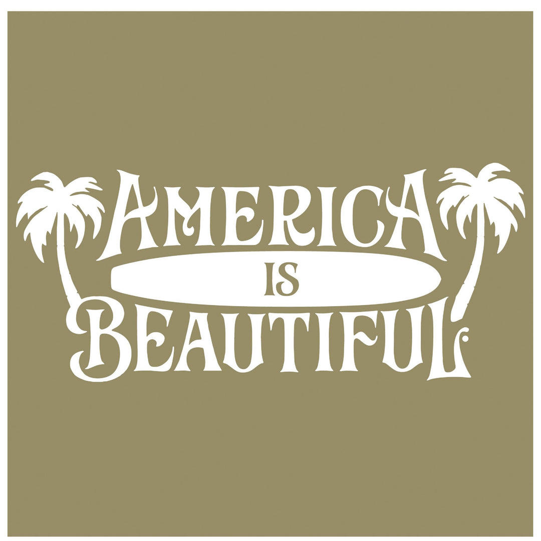 America Is Beautiful™ Surfboard and Palm Trees Beach Die Cut White Vinyl Sticker Decal