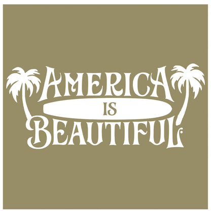 America Is Beautiful™ Surfboard and Palm Trees Beach Die Cut White Vinyl Sticker Decal