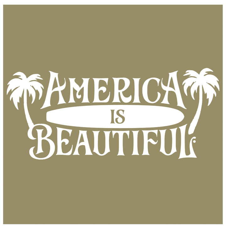 America Is Beautiful™ Surfboard and Palm Trees Beach Die Cut White Vinyl Sticker Decal