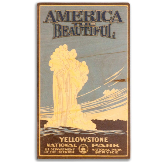 Wood plaque of Old Faithful Erupting at Yellowstone National Park based on historic WPA poster and America The Beautiful text
